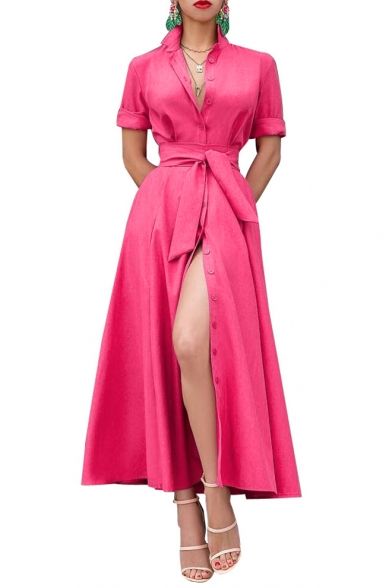 Fashion Sexy Plunge Neck Short Sleeve Plain Bow-Tied Waist Split Hem Button Midi A-Line Rose Red Dress