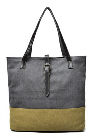 Fashion Vintage Color Block Leather Buckle Canvas Shoulder Bag 35*11*34 CM