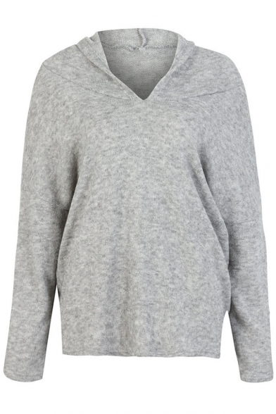 Fashionable Gray Plain Long Sleeve Knit Loose Hood Sweater