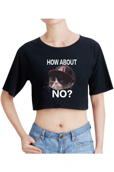 

Funny Letter HOW ABOUT NO Grumpy Cat Print Round Neck Short Sleeve Crop Tee, Black;pink;white;gray, LM529999