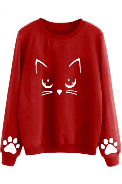 Girls Cute Cartoon Cat Printed Round Neck Long Sleeve Casual Loose Pullover Sweatshirt