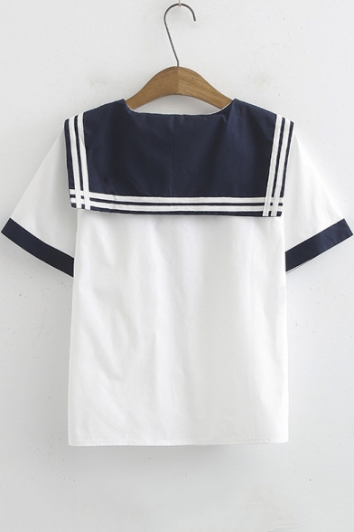 Girls Cute Sailor Collar Short Sleeve Loose Fitted T-Shirt