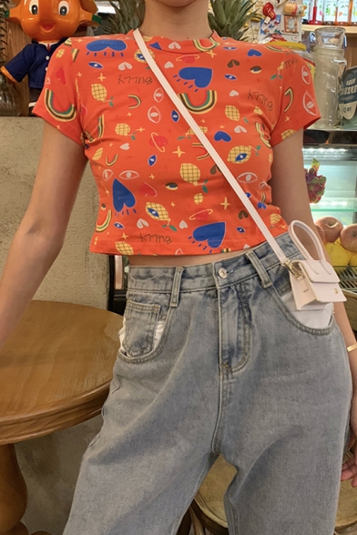 Girls Summer Cute Funny Cartoon Rainbow Printed Short Sleeve Slim Cropped T-Shirt