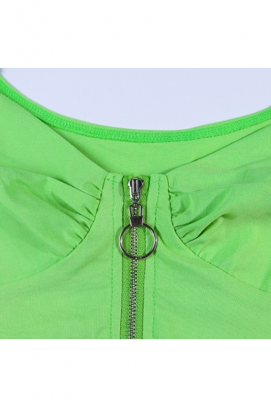 Girls Summer Stylish Zipper V-Neck Puff Sleeve Plain Slim Cropped T-Shirt