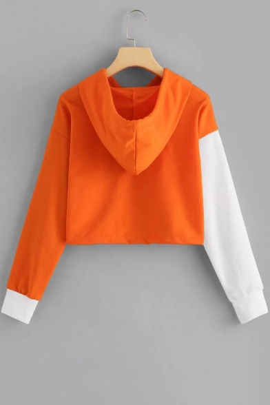 Girls Trendy Color Block Long Sleeve Casual Sport Cropped Orange Drawstring Hoodie