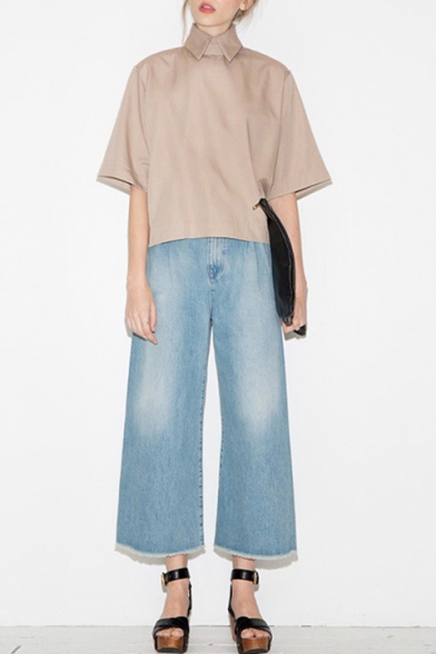 Girls Trendy Simple Plain Turn-Down Collar Khaki Casual Shirt Blouse Top
