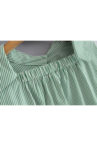 Green Vertical Stripe Printed Tied Cuff Long Sleeve Button Down High Low Shirt