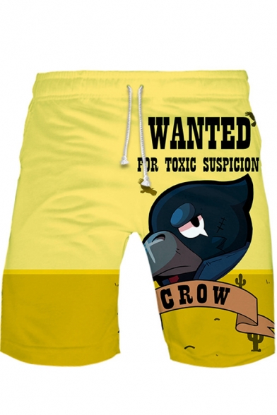 Guys Cool Cartoon Crow Letter Printed Drawstring Waist Yellow Sport Sweat Shorts