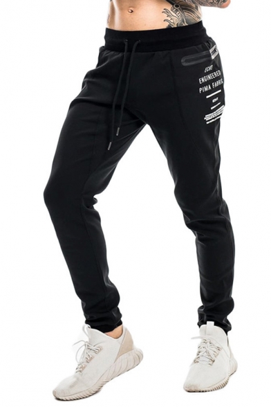 Guys Fashion Zipper Embellished Letter Printed Drawstring Waist Slim Sport Pants Trousers