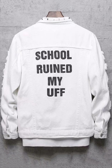 Guys Hip Hop Style Cool Letter SCHOOL RUINED MY UFF Patched Long Sleeve Fitted Crop Denim Jacket