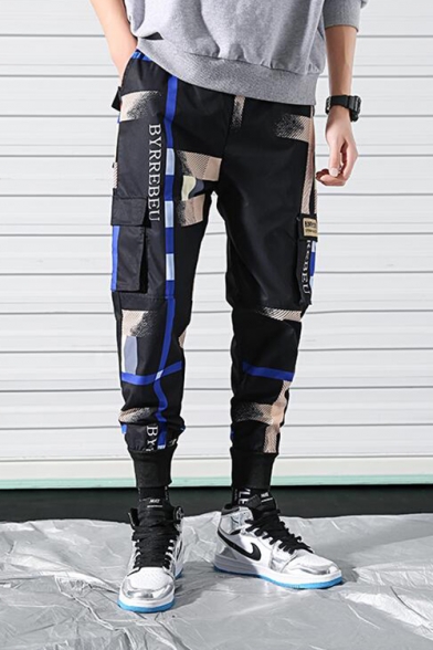 Guys Street Fashion Cool Colorblock Camo Patched Gathered Cuff Fitted Cargo Pants Trousers