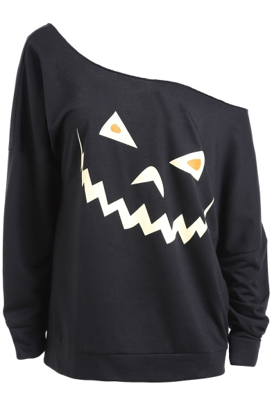 Halloween Cartoon Egg Pumpkin Printed One Shoulder Long Sleeve Black Sweatshirt