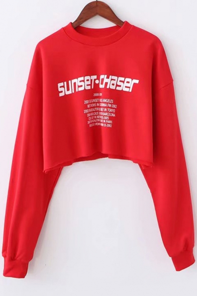 Hip Hop SUNSET CHASER Letter Print Round Neck Long Sleeve Cotton Cropped Sweatshirt