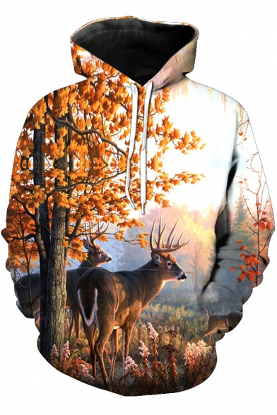 Hot Fashion 3D Tree Deer Print Long Sleeve Hoodie with Pocket