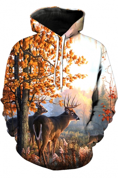 Hot Fashion 3D Tree Deer Print Long Sleeve Hoodie with Pocket