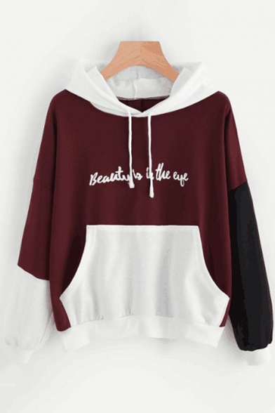 Hot Fashion BEAUTY IS IN THE EYE Letter Print Colorblock Patchwork Drawstring Hood Long Sleeve Hoodie with Pocket
