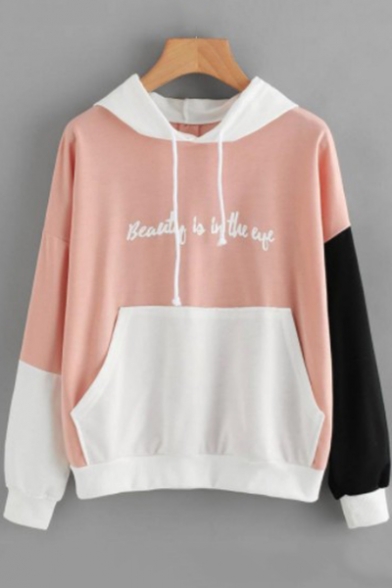 Hot Fashion BEAUTY IS IN THE EYE Letter Print Colorblock Patchwork Drawstring Hood Long Sleeve Hoodie with Pocket