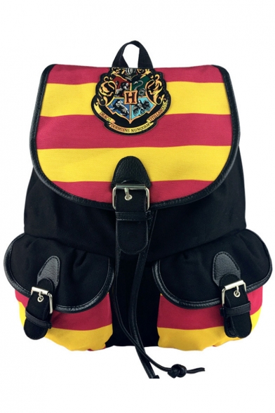 Hot Fashion Classic Red and Yellow Stripe Pattern Badge Patchwork Double Pockets Front Black Drawstring School Bag Backpack 38*30*17 CM