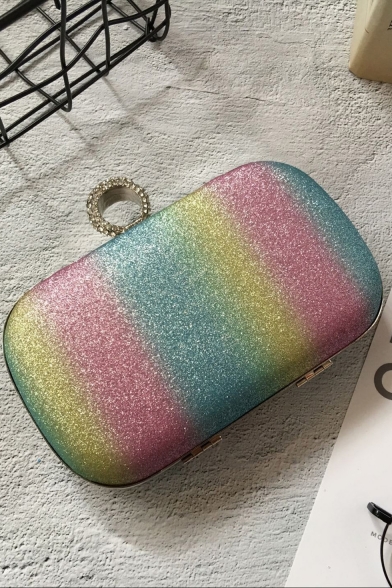 Hot Fashion Colorful Rainbow Printed Rhinestone Ring Buckle Glitter Clutch Bag 16*4*14 CM