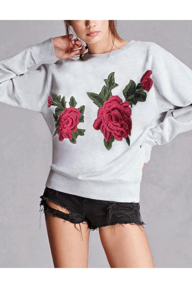 Hot Fashion Floral Embroidered Round Neck Long Sleeve Pullover Sweatshirt for Women