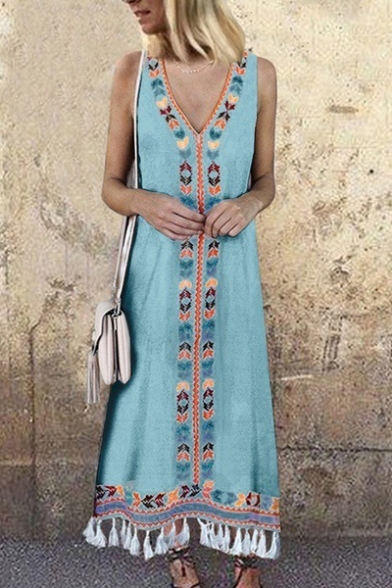 Hot Fashion V-Neck Tribal Printed Tassel Hem Tank Maxi Dress For Women