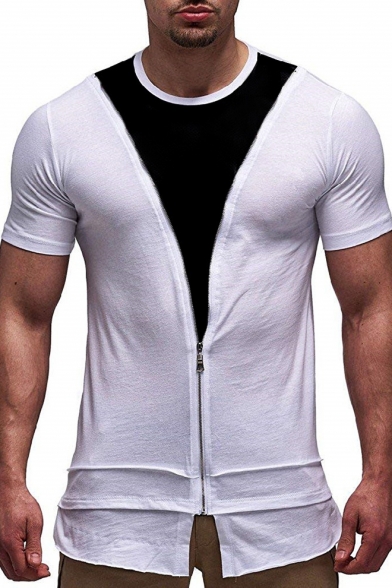 Fhuiml Mens Slim Pure Color Zipper T-Shirt Casual Plus Size Round Neck Short Sleeve