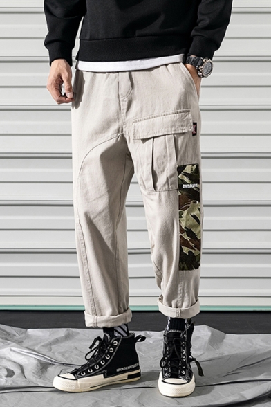 Men's Summer Casual Cotton Camo Patched Drawstring Cuff Sport Loose Cargo Pants