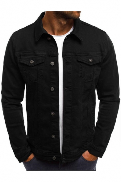 Mens Basic Simple Plain Long Sleeve Double Pocket Front Button Down Fitted Denim Jacket