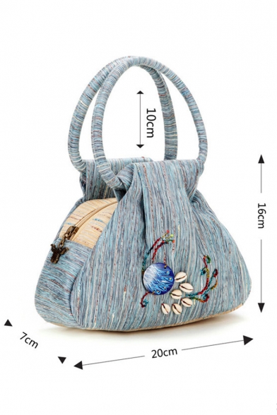 National Style Peacock Embroidery Pattern Canvas Tote Handbag 20*7*16 CM