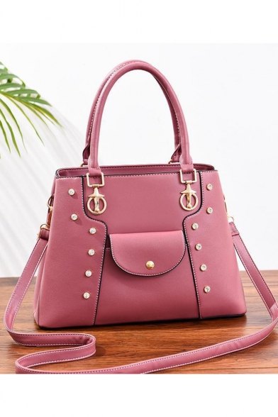 New Fashion Plain Metal Rhinestone Pocket Embellishment Satchel Handbag 33*13*23 CM