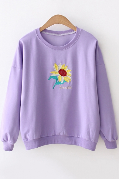 New Simple Varsity Cartoon Floral Embroidered Round Neck Long Sleeve Loose Fit Sweatshirt for Women