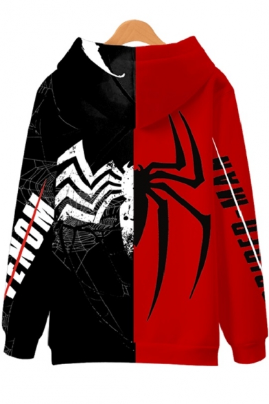 New Stylish Cool Spider Pattern Colorblocked Red and Black Casual Loose Hoodie
