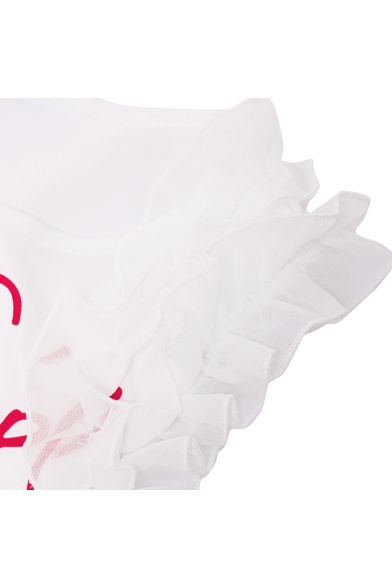 New Stylish Letter Girl Face Sketch Heart Pattern White Round Neck Zipper Split Back Midi Ruffle Bodycon Dress
