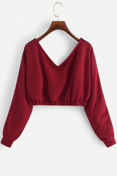 New Stylish V-Neck Striped Long Sleeve Cropped Pullover Burgundy Sweatshirt