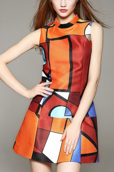New Unique Fashion Geometric Pattern Stand Collar Sleeveless Mini A-Line Orange Dress