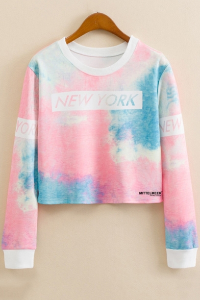NEW YORK Letter Tie Dye Round Neck Long Sleeve Contrast Trim Cropped Sweatshirt