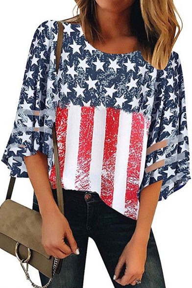 Popular American Flag Pattern Round Neck Mesh Panel Sleeve Loose Fit T-Shirt