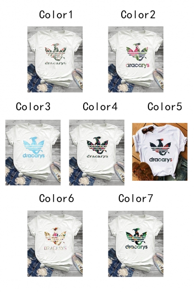 Popular Leaf Dragon DRACARYS Printed Basic Round Neck Short Sleeve White T-Shirt
