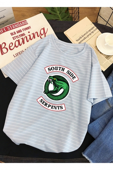 Popular SOUTH SIDE Snake Logo Printed Round Neck Short Sleeve Cotton Stripe Tee