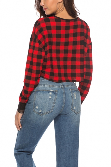 Red Plaid Print Mesh Contrast Trim Round Neck Long Sleeve Crop Tee Top for Women