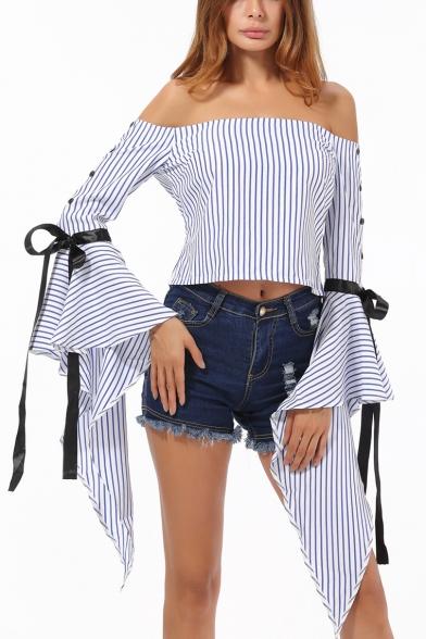 

Sexy Off the Shoulder Bow-Tied Ribbon Extra Long Sleeve Striped Cropped Blouse for Women, LM540047