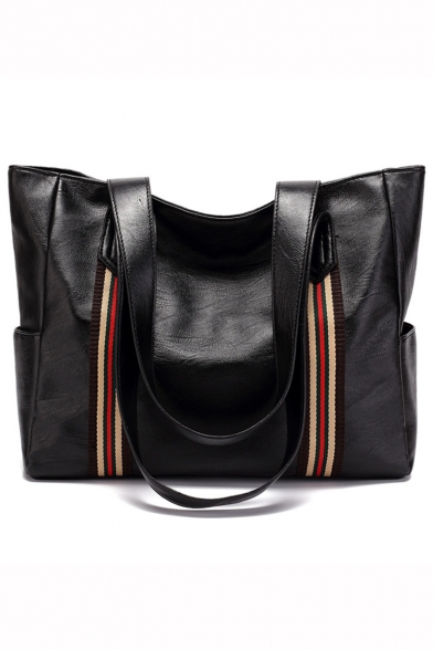 Simple Classic Color Block Stripe Pattern Black Shoulder Tote Bag 35*10*29 CM