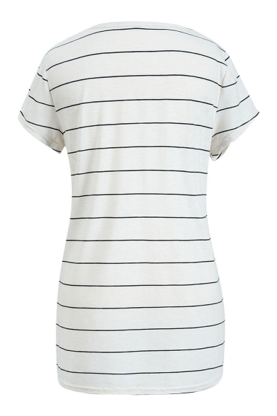 Stylish Crisscross V-Neck Short Sleeve Striped Printed White T-Shirt