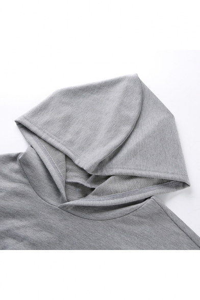 Stylish Letter ROCK MORE Printed Elastic Hem Long Sleeve Grey Cropped Hoodie