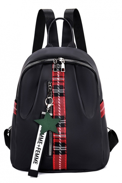 Stylish Plaid Patchwork Star Ribbon Embellished Breathable Nylon Backpack for Women 33*29*13 CM