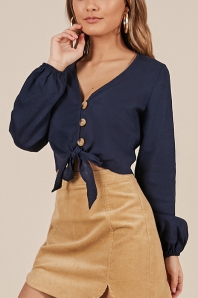 Summer Basic Simple Plain V-Neck Long Sleeve Button Front Bow-Tied Hem Crop Blouse Top