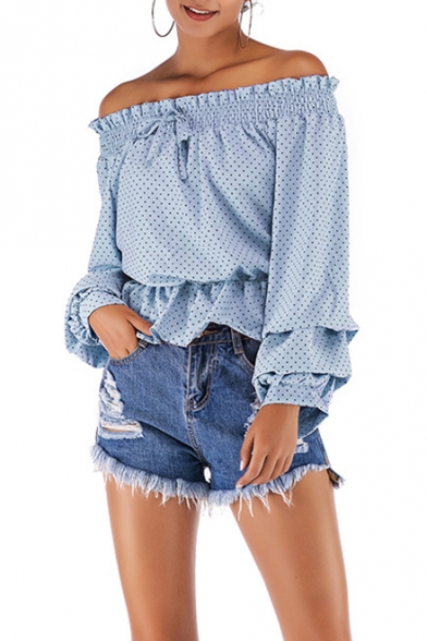 Summer Classic Stylish Polka Dot Printed Ruffled Off the Shoulder Puff Sleeve Blouse Top