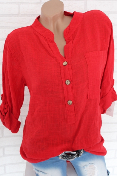 Summer Fashion Simple Plain Button Front Stand Collar Long Sleeve Shirt for Women