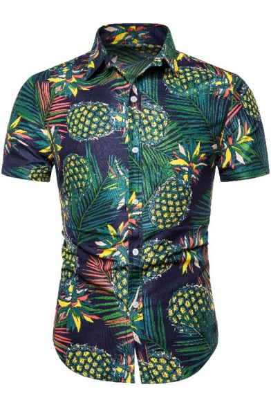 Summer Hawaiian Pineapple Printed Short Sleeve Button Front Green Slim Shirt