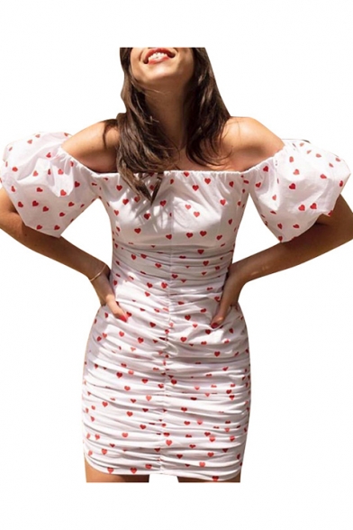 Summer Lovely Allover Heart Printed Sexy Off the Shoulder Puff Sleeve White Ruched Mini Bodycon Dress